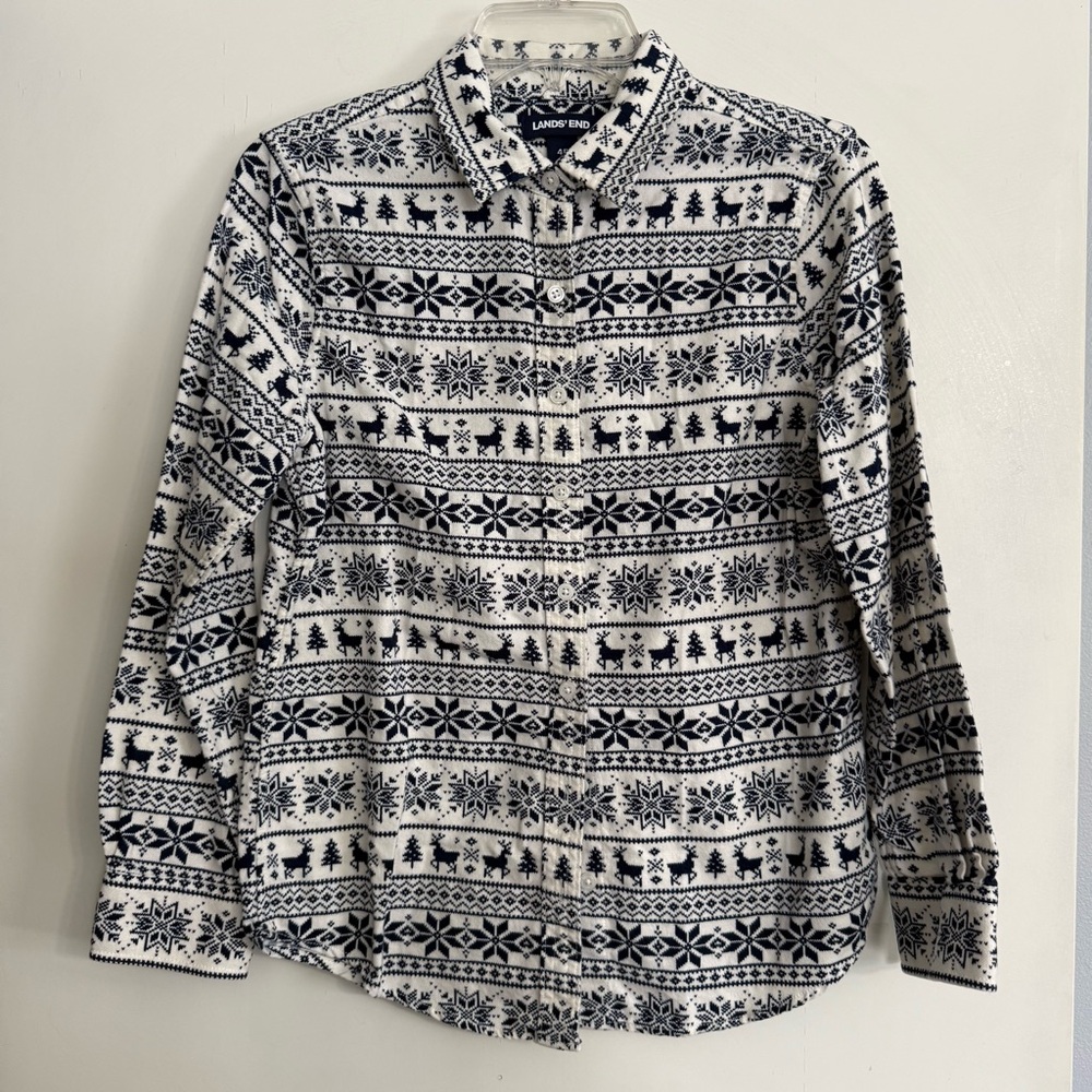 Lands' End Women’s Navy and White Festive Pattern Shirt